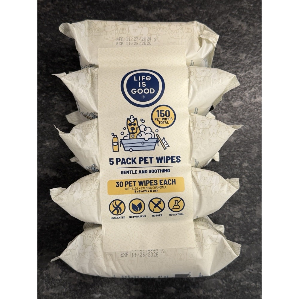 Life Is Good Pet Wipes Aloe & Calming Chamomile 5 Pack 150 Wipes Total LG1045